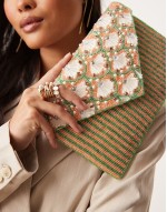 floral beaded envelope clutch bag in pink and green